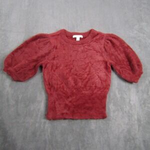 Chelsea & Violet Sweater Women XS Red Puff Sleeve Eyelash Knit Fuzzy Crew Neck